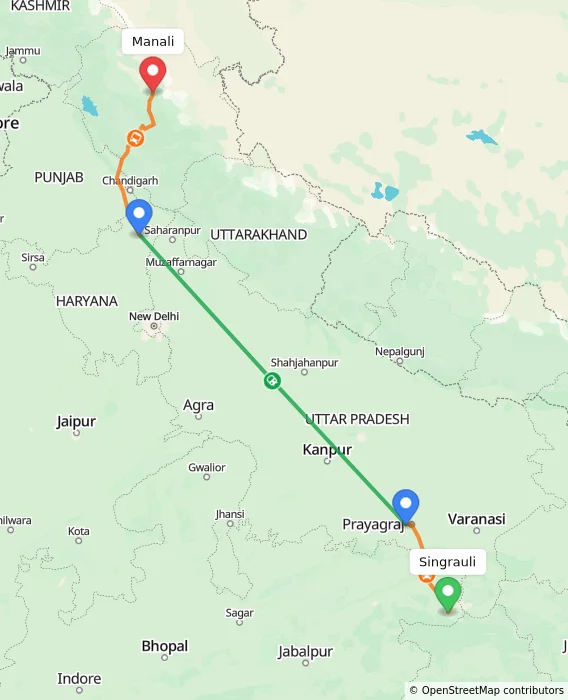 Route map showing distance and travel time from Singrauli, India to Manali, India