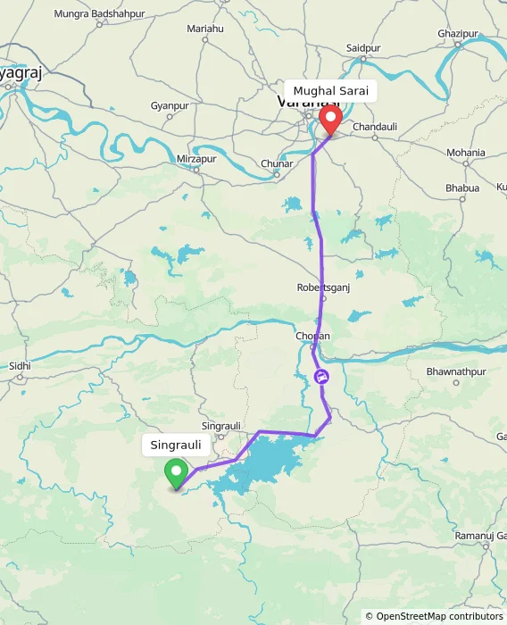 Route map showing distance and travel time from Singrauli, India to Mughal Sarai, India