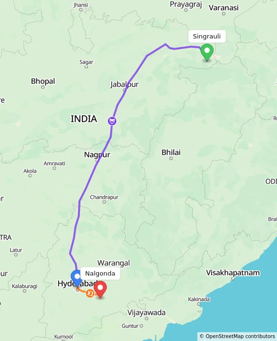 Route map showing distance and travel time from Singrauli, India to Nalgonda, India