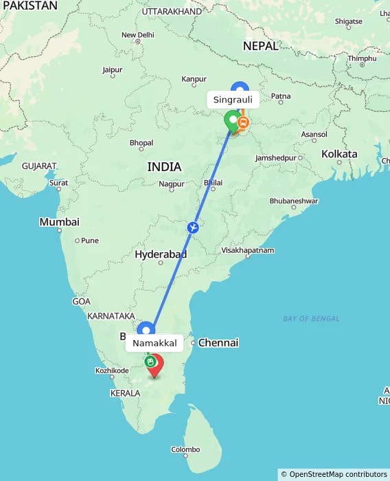 Route map showing distance and travel time from Singrauli, India to Namakkal, India