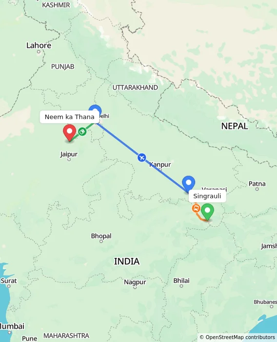 Route map showing distance and travel time from Singrauli, India to Neem ka Thana, India