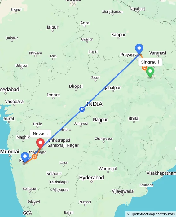 Route map showing distance and travel time from Singrauli, India to Nevasa, India