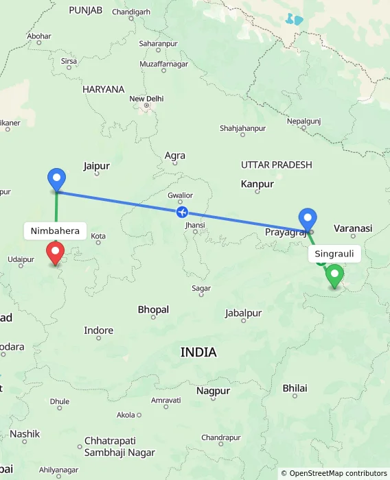 Route map showing distance and travel time from Singrauli, India to Nimbahera, India