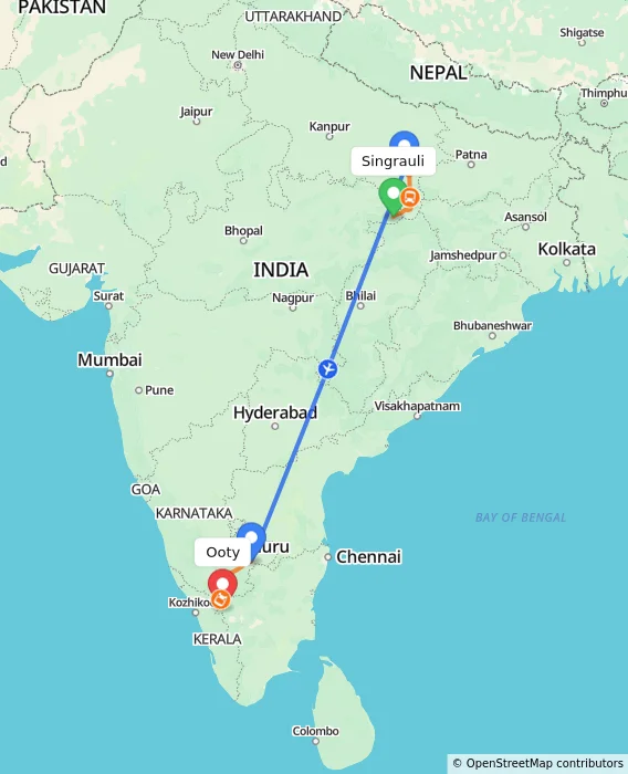Route map showing distance and travel time from Singrauli, India to Ooty, India