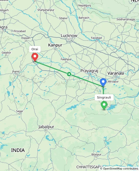 Route map showing distance and travel time from Singrauli, India to Orai, India