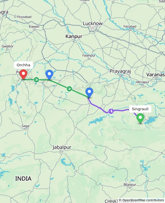Route map showing distance and travel time from Singrauli, India to Orchha, India