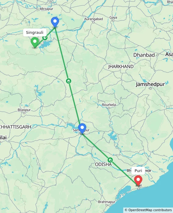 Route map showing distance and travel time from Singrauli, India to Puri, India