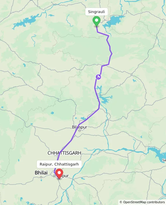 Route map showing distance and travel time from Singrauli, India to Raipur, Chhattisgarh, India