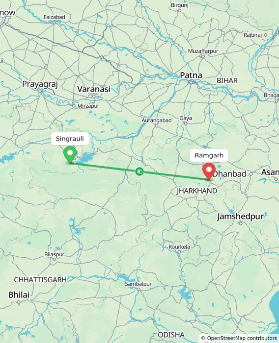 Route map showing distance and travel time from Singrauli, India to Ramgarh, India