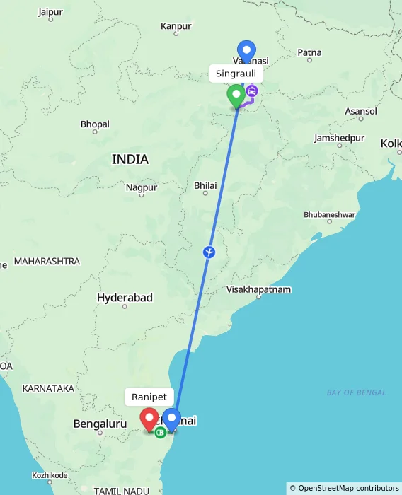 Route map showing distance and travel time from Singrauli, India to Ranipet, India