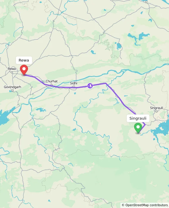 Route map showing distance and travel time from Singrauli, India to Rewa, India