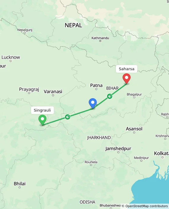 Route map showing distance and travel time from Singrauli, India to Saharsa, India