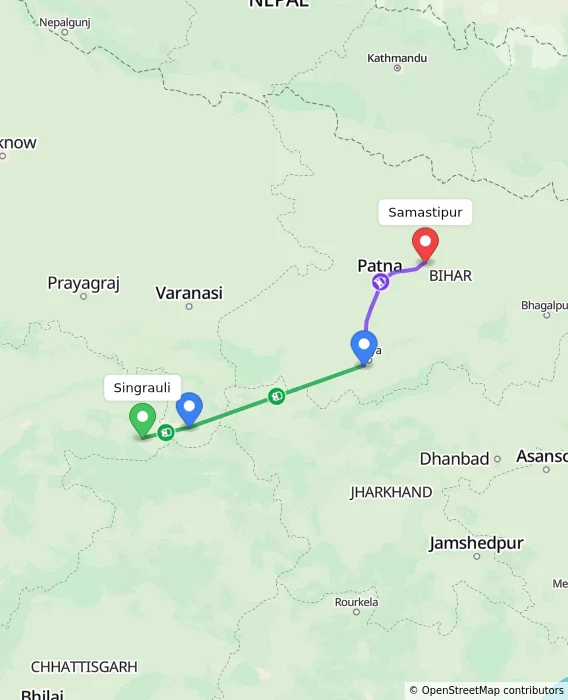Route map showing distance and travel time from Singrauli, India to Samastipur, India
