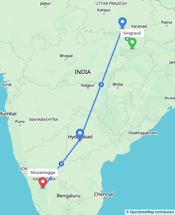 Route map showing distance and travel time from Singrauli, India to Shivamogga, India