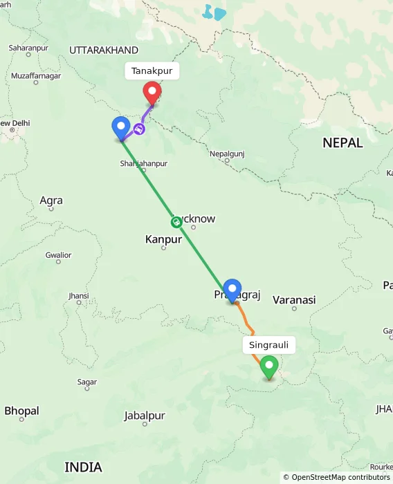 Route map showing distance and travel time from Singrauli, India to Tanakpur, India