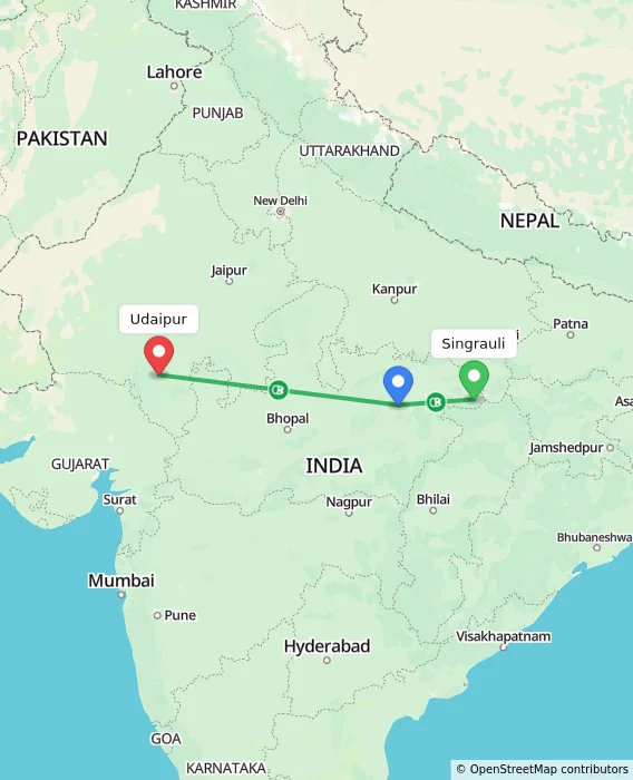 Route map showing distance and travel time from Singrauli, India to Udaipur, India