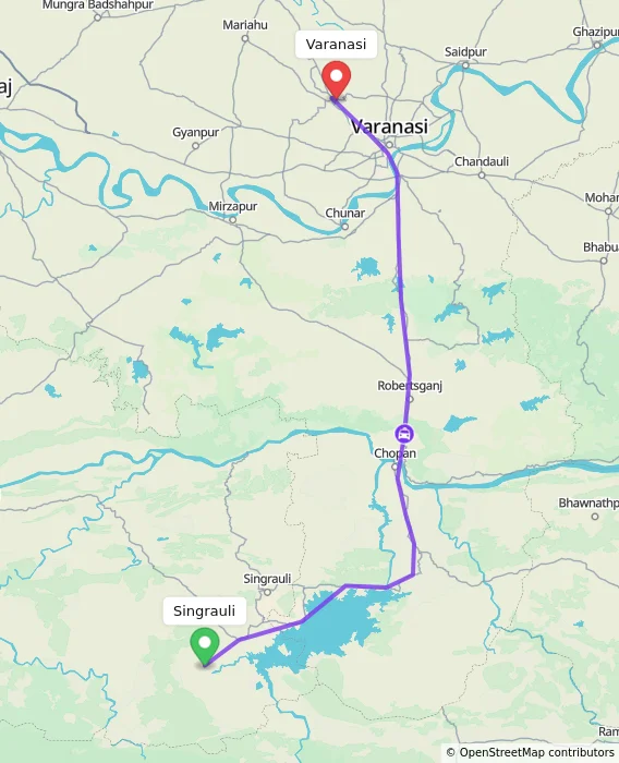 Route map showing distance and travel time from Singrauli, India to Varanasi, India