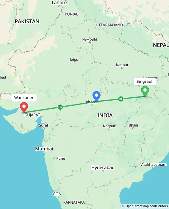 Route map showing distance and travel time from Singrauli, India to Wankaner, India