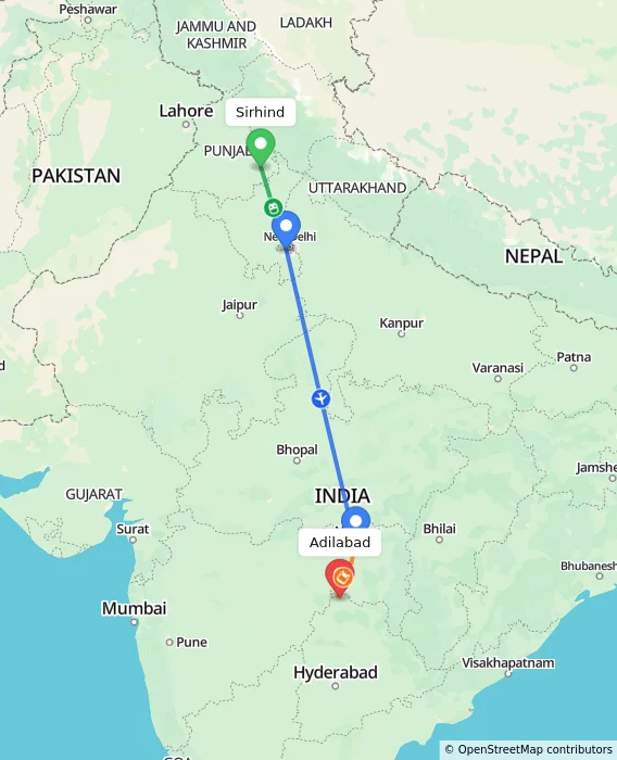 Route map showing distance and travel time from Sirhind, India to Adilabad, India