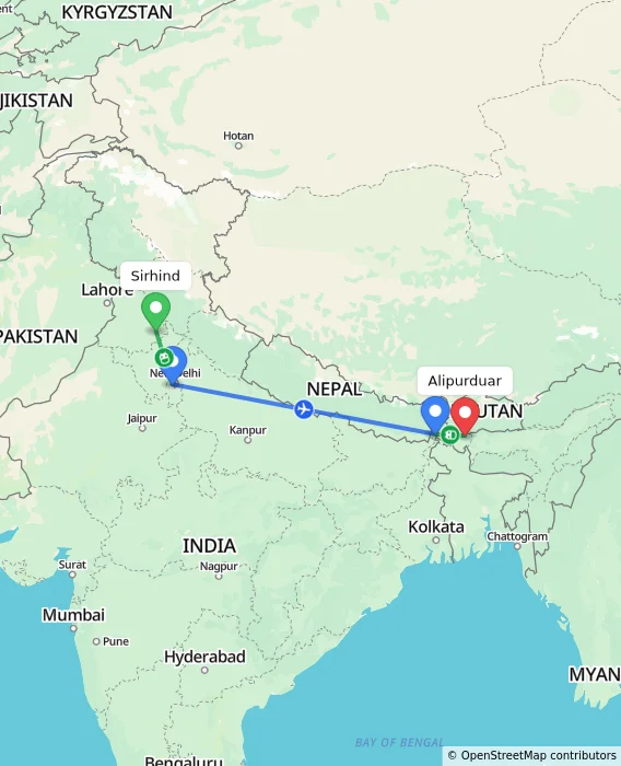 Route map showing distance and travel time from Sirhind, India to Alipurduar, India