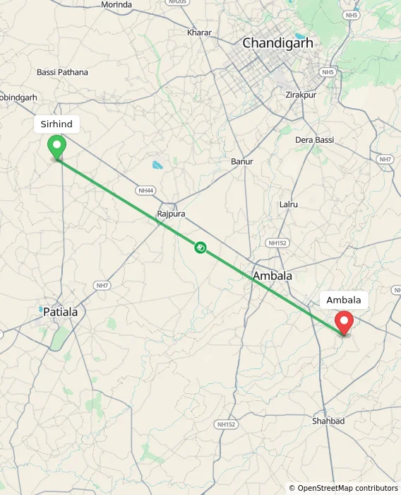 Route map showing distance and travel time from Sirhind, India to Ambala, India
