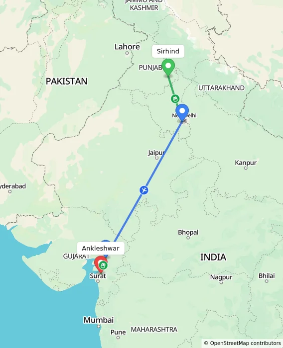 Route map showing distance and travel time from Sirhind, India to Ankleshwar, India