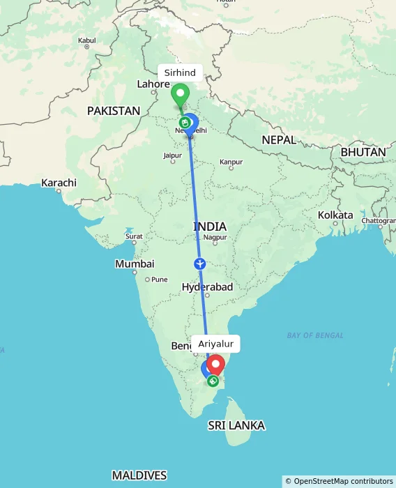 Route map showing distance and travel time from Sirhind, India to Ariyalur, India