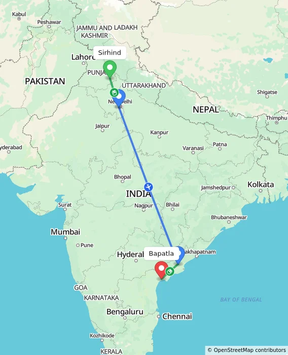 Route map showing distance and travel time from Sirhind, India to Bapatla, India