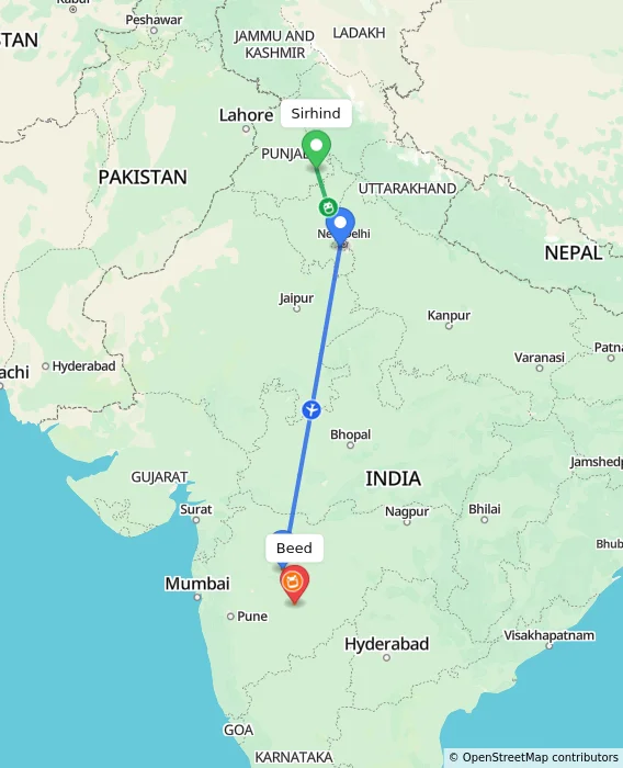 Route map showing distance and travel time from Sirhind, India to Beed, India