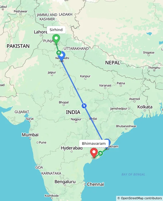 Route map showing distance and travel time from Sirhind, India to Bhimavaram, India