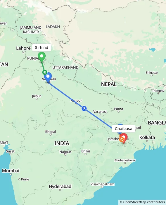 Route map showing distance and travel time from Sirhind, India to Chaibasa, India