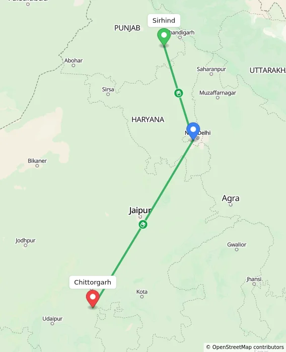 Route map showing distance and travel time from Sirhind, India to Chittorgarh, India