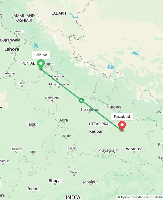 Route map showing distance and travel time from Sirhind, India to Faizabad, India