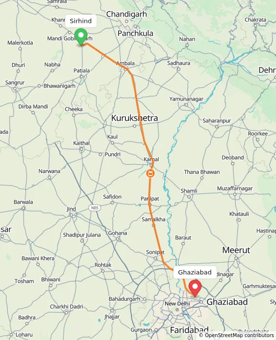 Route map showing distance and travel time from Sirhind, India to Ghaziabad, India