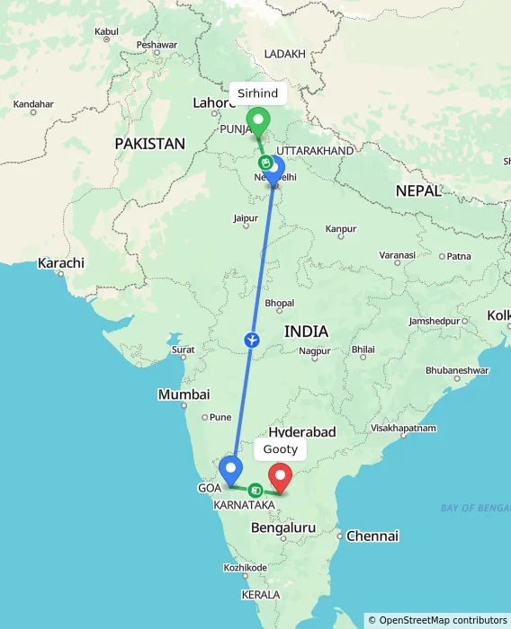 Route map showing distance and travel time from Sirhind, India to Gooty, India