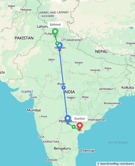 Route map showing distance and travel time from Sirhind, India to Guntur, India