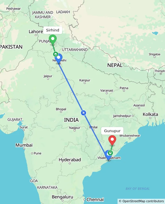 Route map showing distance and travel time from Sirhind, India to Gunupur, India