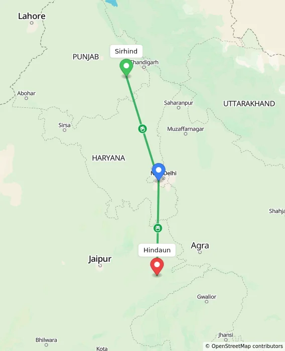 Route map showing distance and travel time from Sirhind, India to Hindaun, India