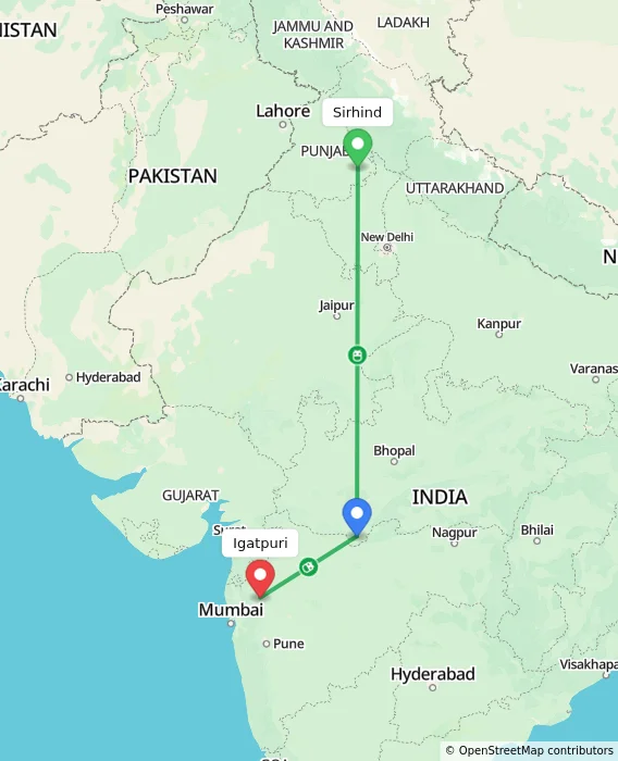 Route map showing distance and travel time from Sirhind, India to Igatpuri, India