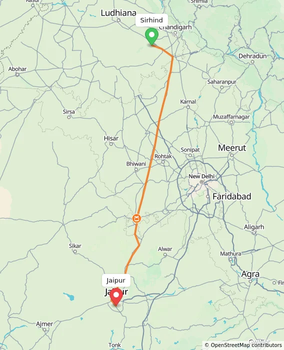 Route map showing distance and travel time from Sirhind, India to Jaipur, India