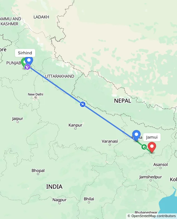 Route map showing distance and travel time from Sirhind, India to Jamui, India