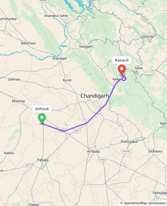 Route map showing distance and travel time from Sirhind, India to Kasauli, India