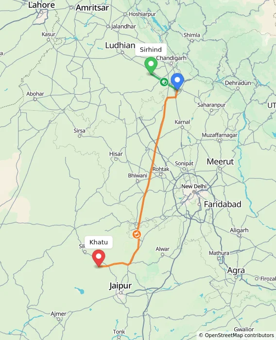 Route map showing distance and travel time from Sirhind, India to Khatu, India