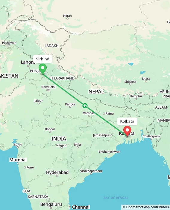 Route map showing distance and travel time from Sirhind, India to Kolkata, India