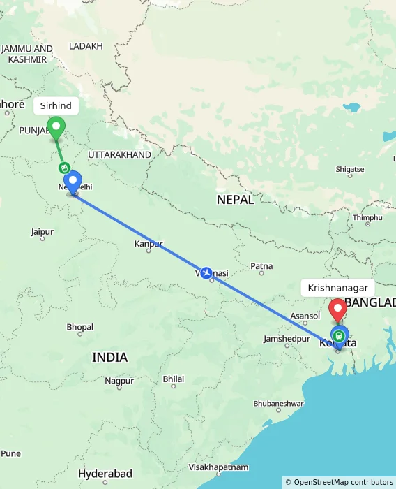 Route map showing distance and travel time from Sirhind, India to Krishnanagar, India