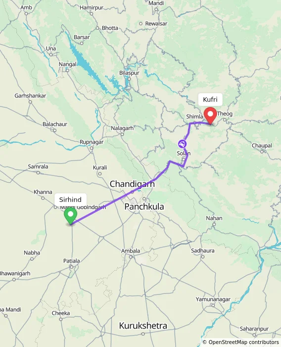 Route map showing distance and travel time from Sirhind, India to Kufri, India