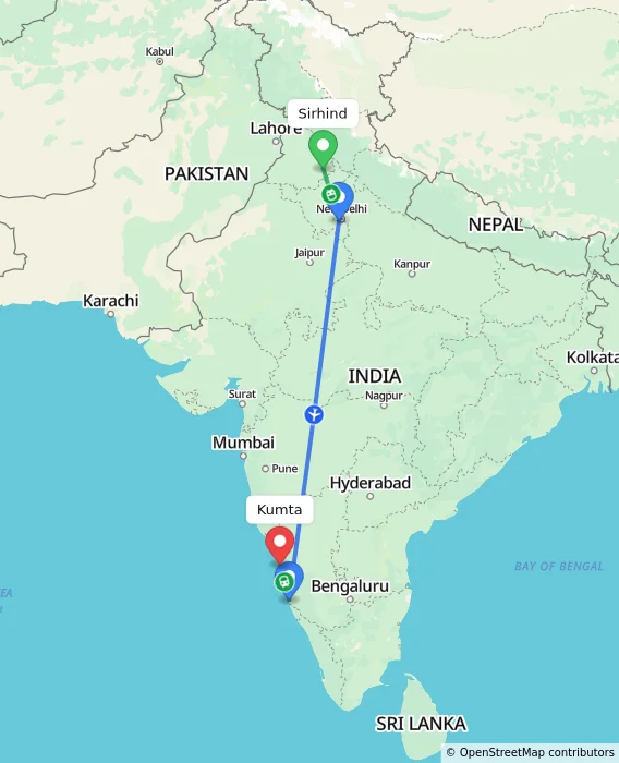 Route map showing distance and travel time from Sirhind, India to Kumta, India