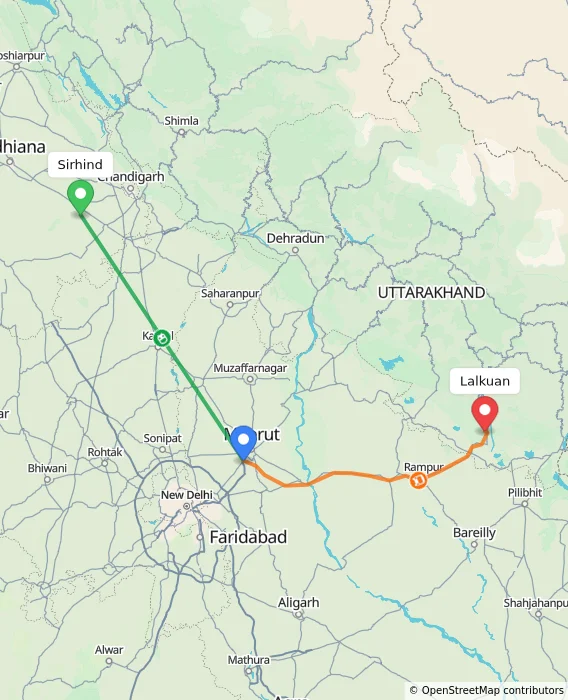 Route map showing distance and travel time from Sirhind, India to Lalkuan, India