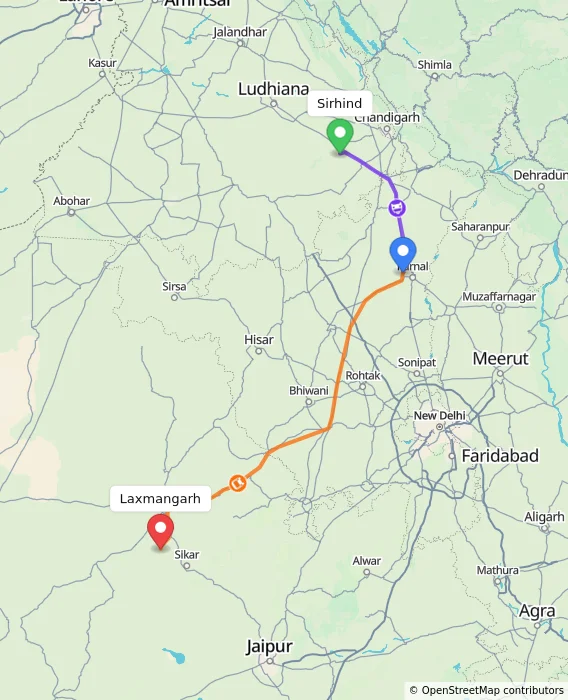 Route map showing distance and travel time from Sirhind, India to Laxmangarh, India