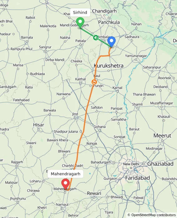 Route map showing distance and travel time from Sirhind, India to Mahendragarh, India